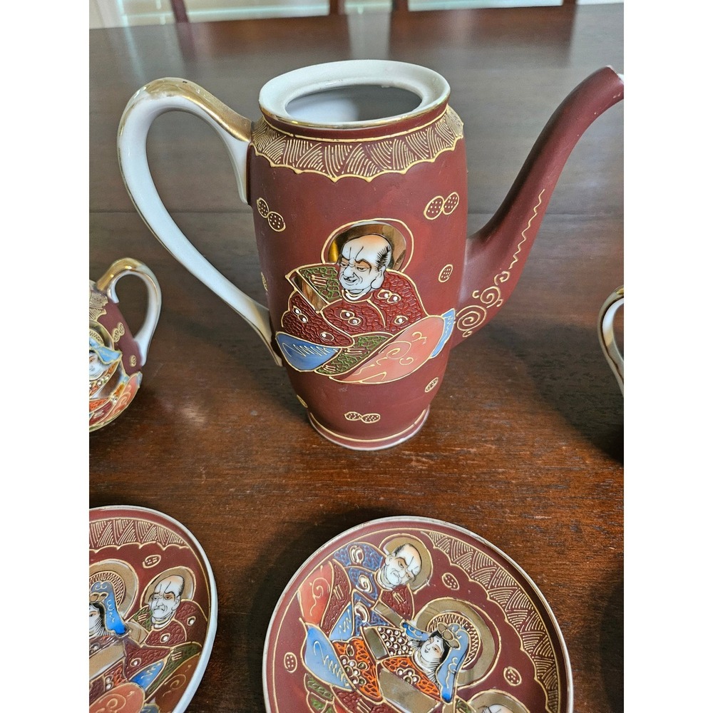 Hand Painted Tea Set Vintage Red Moriage Immortals Porcelain 9pc Set - Picture 9 of 9